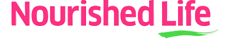 The logo for Nourished Life, featuring the brand name in pink lowercase letters with a bright green brushstroke accent underneath, set against a plain white background.